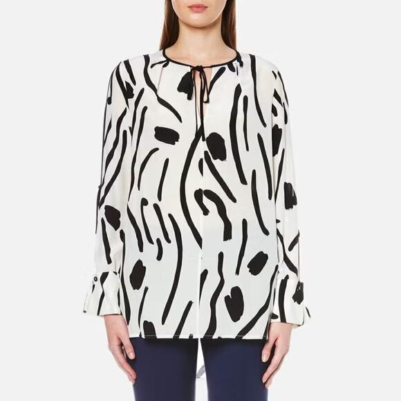 Diane Von Furstenberg Printed Silk Slit Sleeve Tie Neck Blouse Black/White Sz 2 - Picture 1 of 12